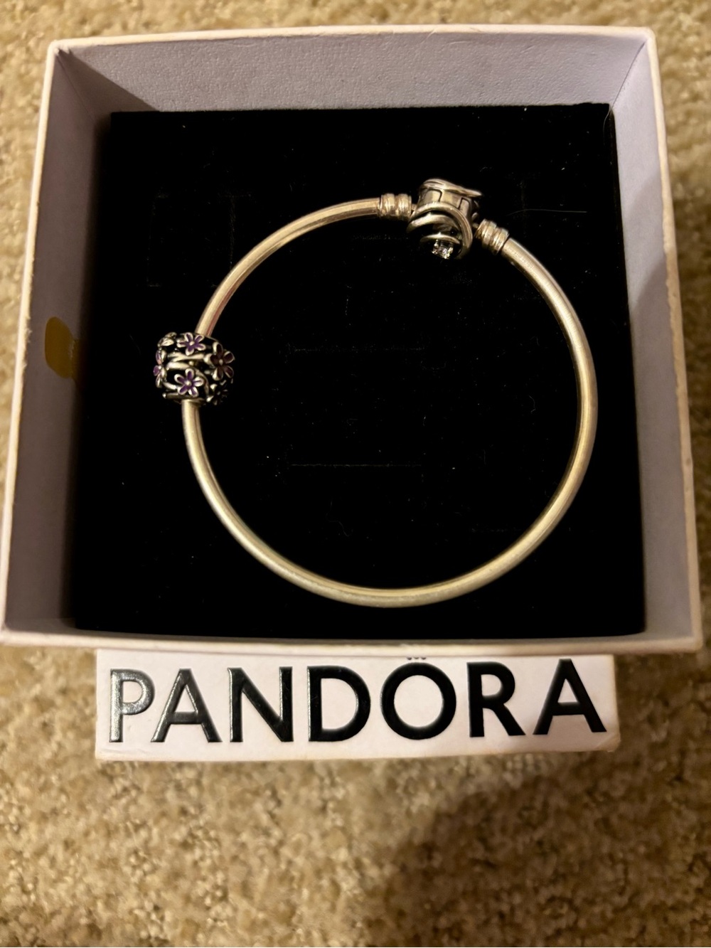 Pandora Silver Bangle with Purple Flower Charm